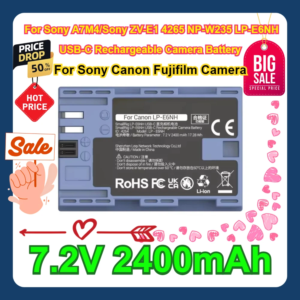 Для камеры Sony Canon Fujifilm Sony A7M4/Sony ZV-E1 4265 NP-W235 LP-E6NH USB-C перезаряжаемая батарея для камеры NP-FZ100