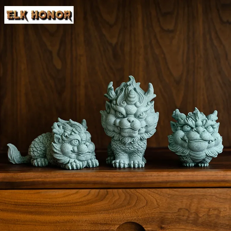 Зеленый песчаник Qilin, чай, домашнее животное, креативное благоприятное животное, чайная фигурка для домашних животных, украшение для дома, чайная посуда, орнамент, подарки
