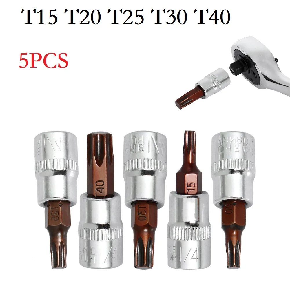 Фото 5 шт. отвертки Torx 1/4 дюйма, инструменты с торцевой головкой T15/T20/T25/T30/T40, металлическое оборудование, ручные инструменты, детали, аксессуары №2
