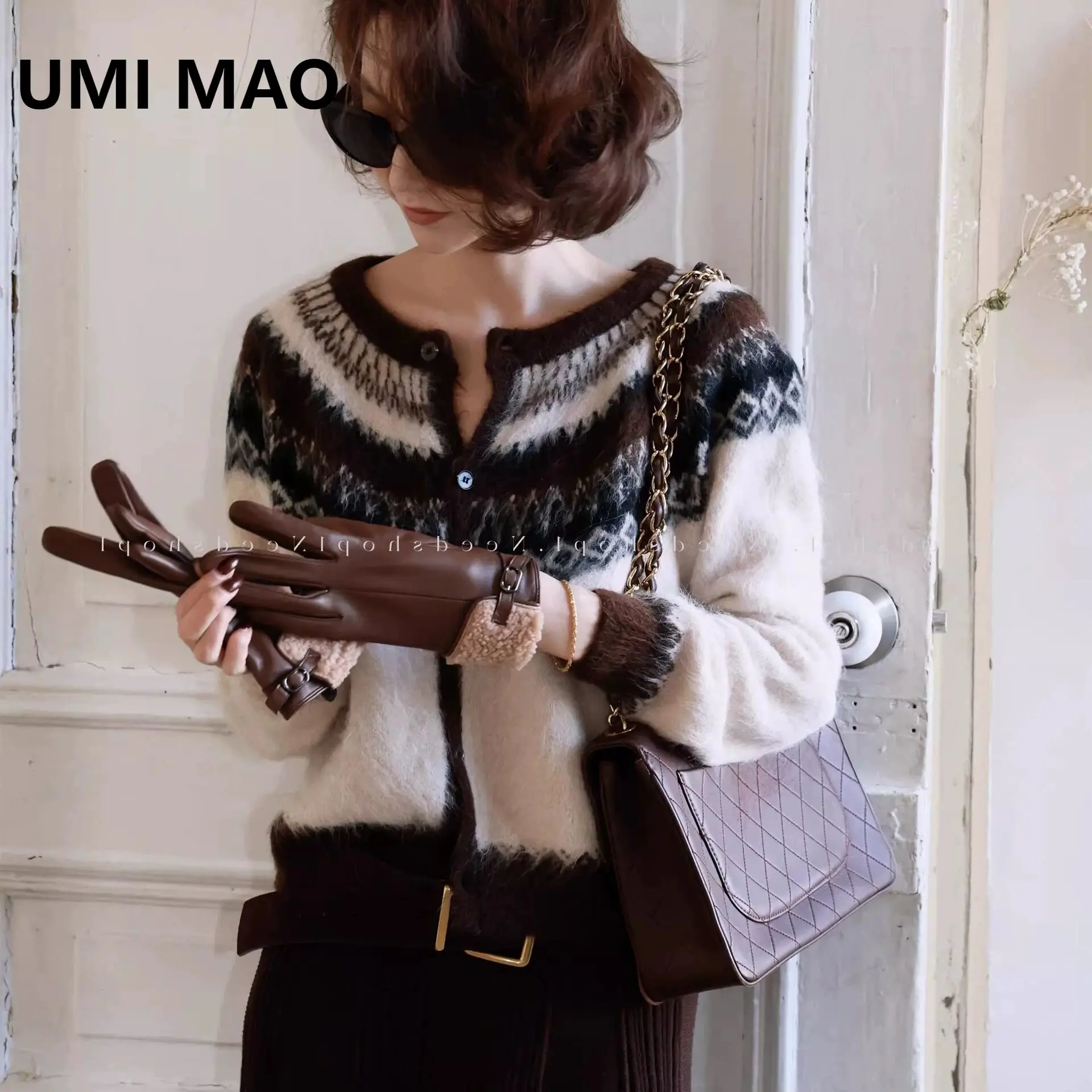 UMI MAO Old Money Style Fair Isle Альпака Шерсть Круглый вырез Вязаный кардиган Топ Женский осенне-зимний утягивающий свитер пальто