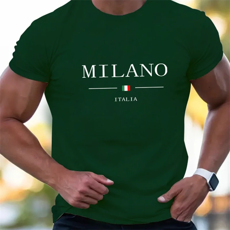 Фото Простые футболки с надписью Milano для мужчин, летняя мода, футболки с коротким рукавом и 3D принтом флага Италии, трендовая уличная футболка большого размера №5