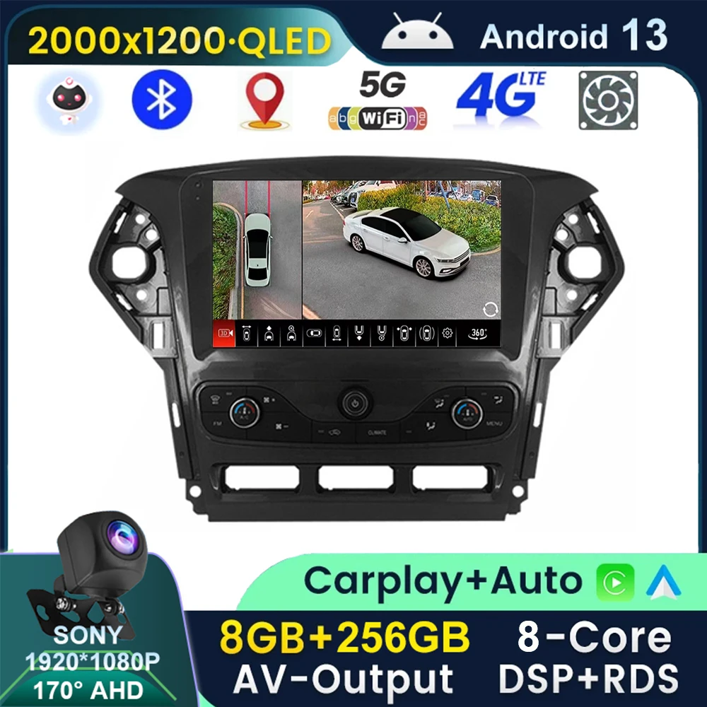 Автомагнитола на Android 13 для Ford Mondeo 2010-2014, мультимедийный видеоплеер с GPS-навигацией, стерео, камера 360, Авторадио BT