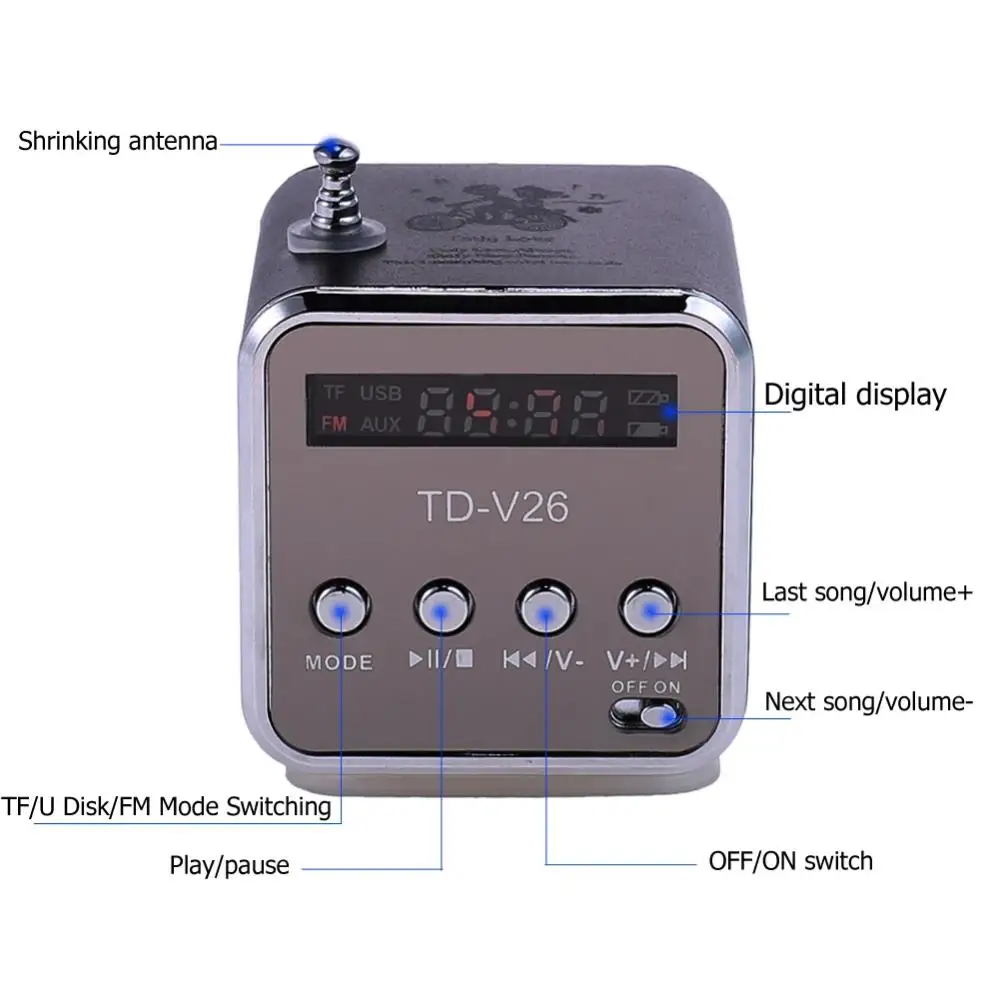 Фото TD-V26 Мини-портативный ‌ Вечеринка ‌   Звуковой динамик с поддержкой TF-карты FM-радио AUX стерео музыкальный плеер Bluetooth-динамик уличный MP3-плеер №3
