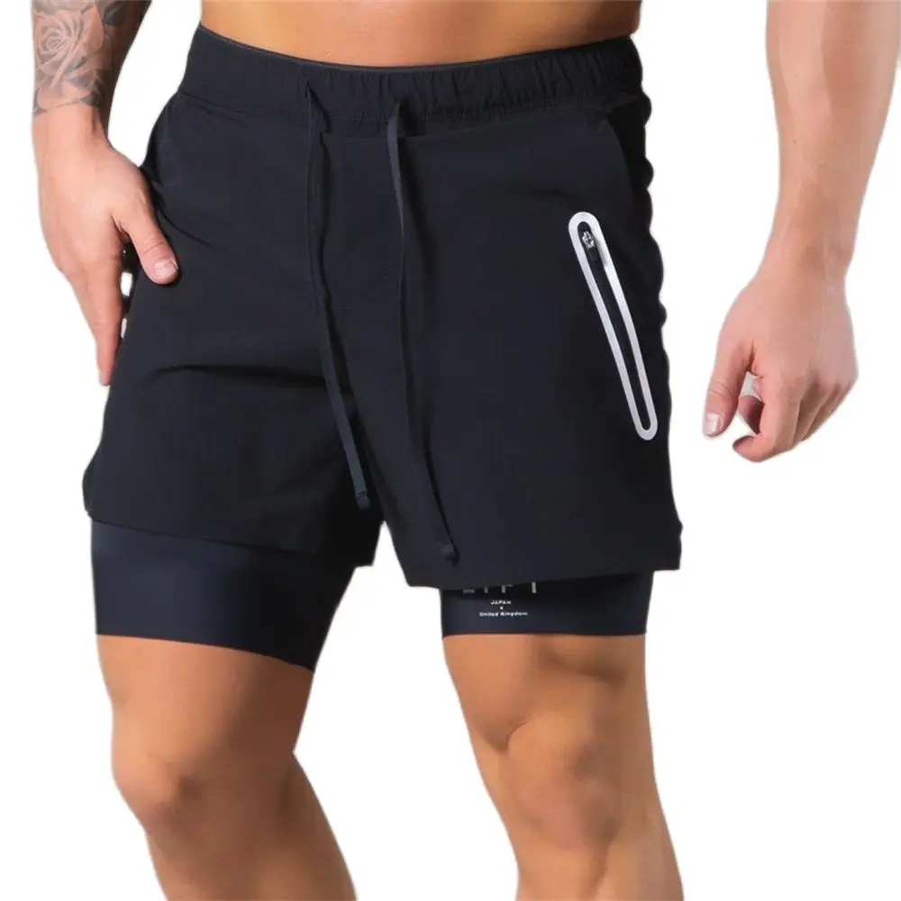 Celana Pendek Hitam 2 в 1 Celana Binaraga Kebugaran Gym Pria Celana Crossfit Musim Panas Pria Celana Olahraga Lari Bottoms