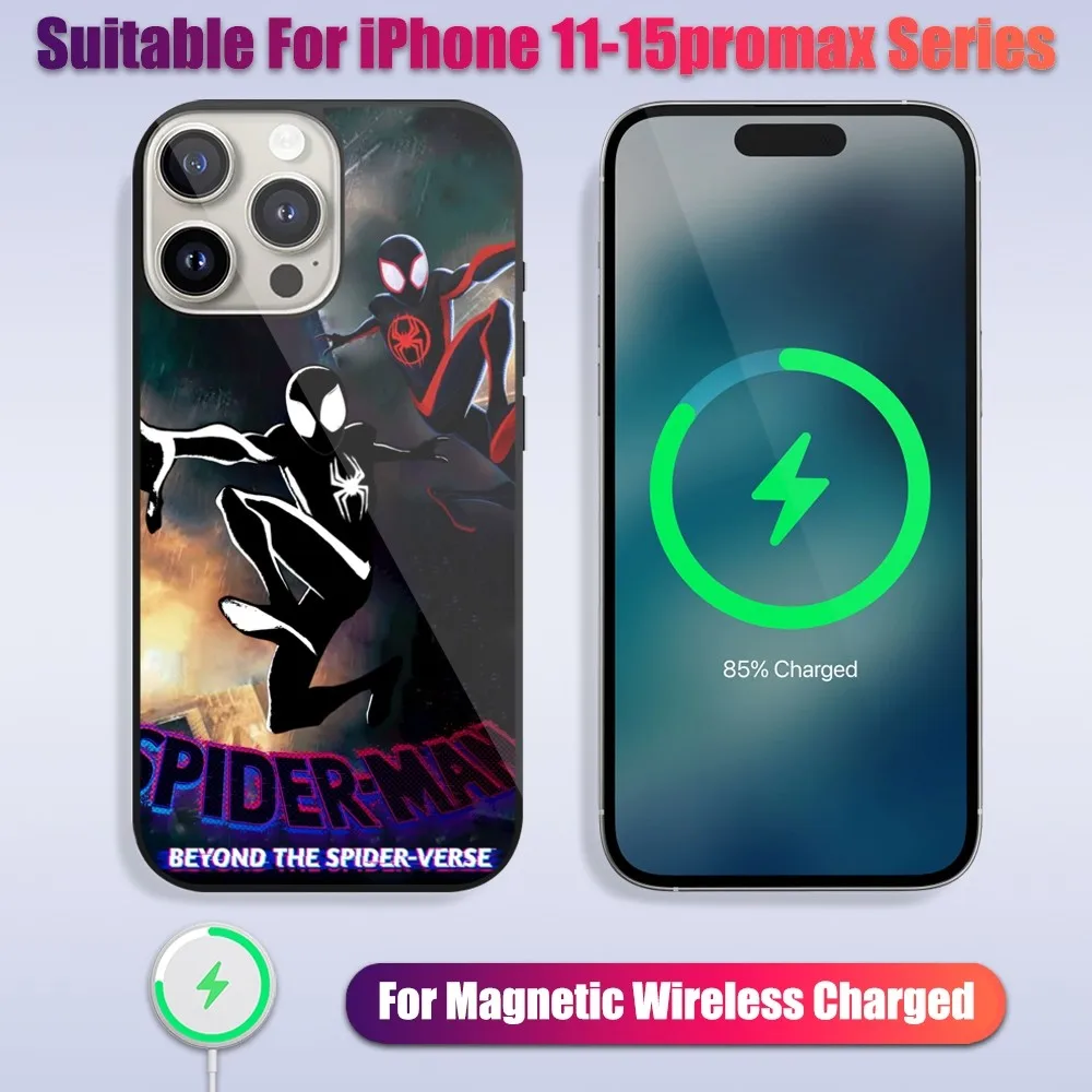 Фото MINISO S-Spider-Man Verse Beyond чехол для телефона iPhone 13 14 15 11 12 Pro Max Plus стеклянная зарядка Магнитный чехол Magsafe №4