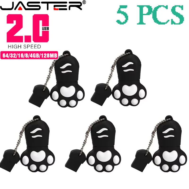 JASTER 5 шт. LOTE USB-флеш-накопитель 128 ГБ с рисунком кошачьей лапы, 64 ГБ, бесплатный брелок, память, 32 ГБ, розовый U-диск, 16 ГБ, коричневый