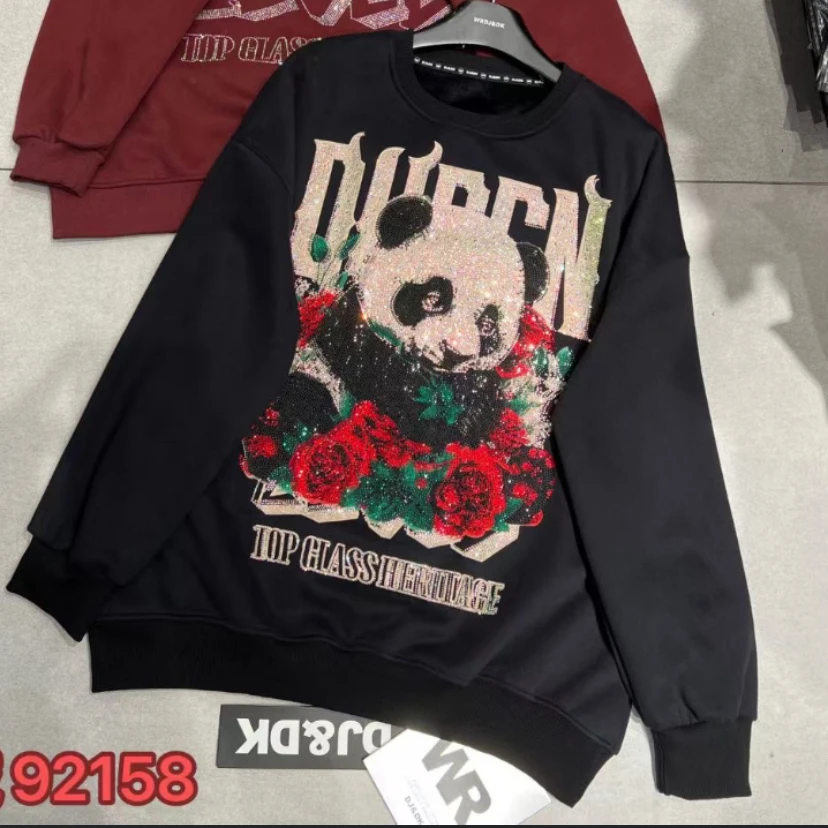 Фото Утолщенный флисовый свитшот Sudaderas для тяжелой промышленности с круглым вырезом и милой мультяшной пандой, свободный средний и длинный свитшот №5