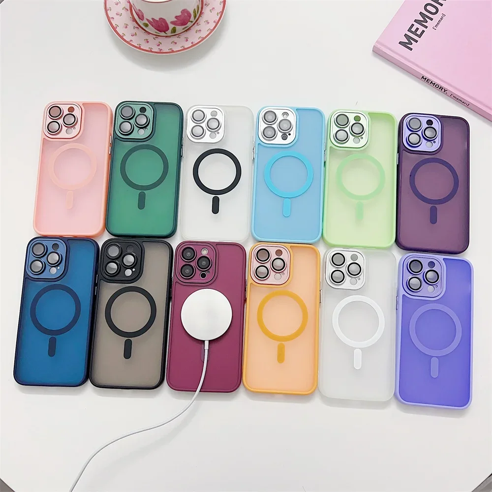 Цветной магнитный чехол для телефона для iPhone 15 Pro 12 13 14 Pro Max 14pro, чехол с защитой объектива камеры, полупрозрачные чехлы для Magsafe