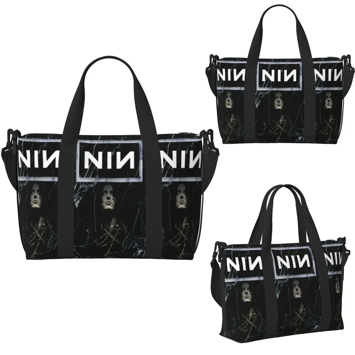 Фото NIN Nine Inch Naills Rock Band Пляжная дорожная сумка Большая вместительная сумка-тоут для тренажерного зала Йога Женская дорожная сумка для покупок №4