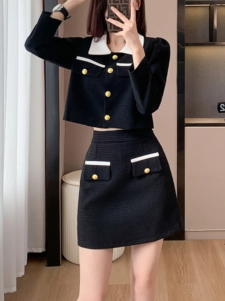 Фото Женский твидовый костюм с юбкой, короткая куртка с отложным воротником и длинным рукавом и мини-юбка с высокой талией, комплект из двух предметов, весна-осень №4