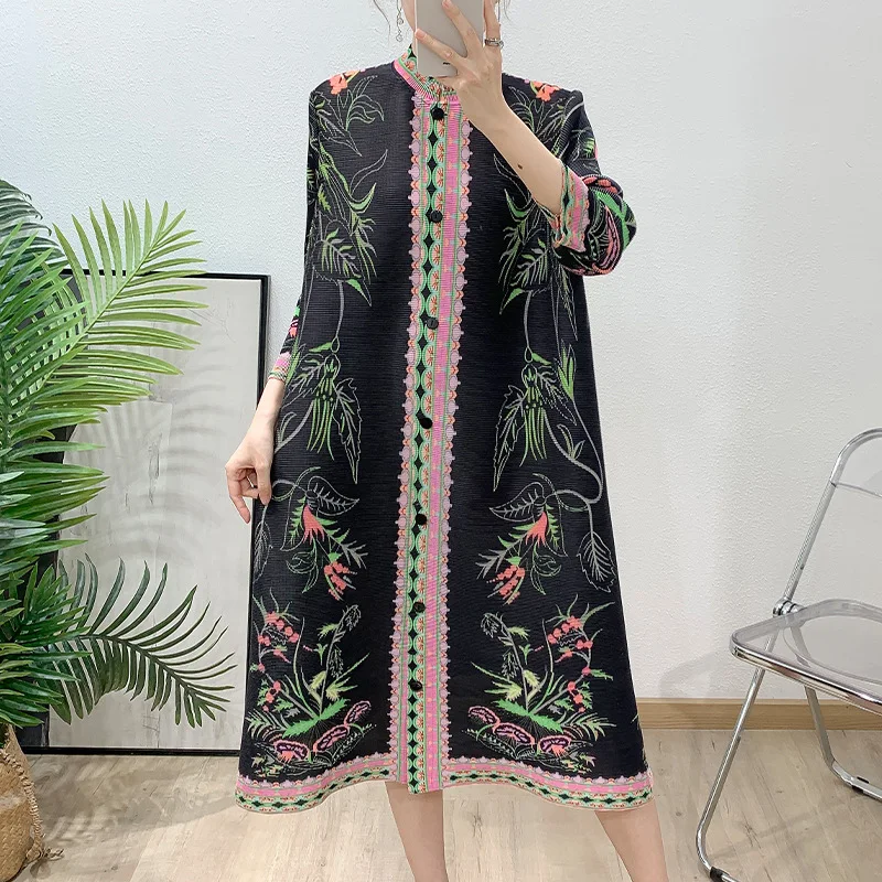 Прямые продажи с фабрики Miyake, весна-лето 202, новый плиссированный модный кардиган с принтом и лацканами, женское повседневное платье