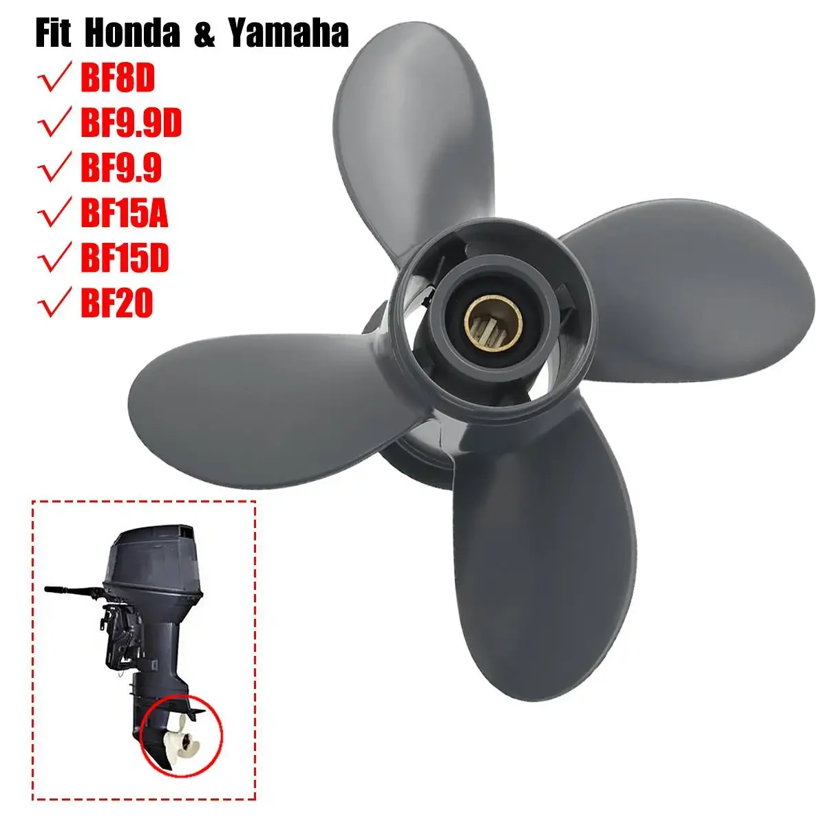Фото Пропеллер 4 лопасти 9 1/4X10 Подходит для Honda и Yamaha подвесной BF8D BF9.9D BF9.9 BF15A BF15D BF20 алюминиевый подвесной пропеллер №3