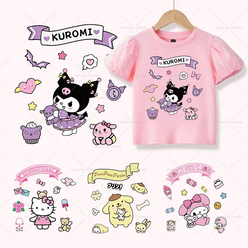 Мультяшные наклейки Hello Kitty для одежды, милые нашивки Sanrio Cinnamoroll, термоклейкие наклейки для детей, аппликация для футболки для девочек