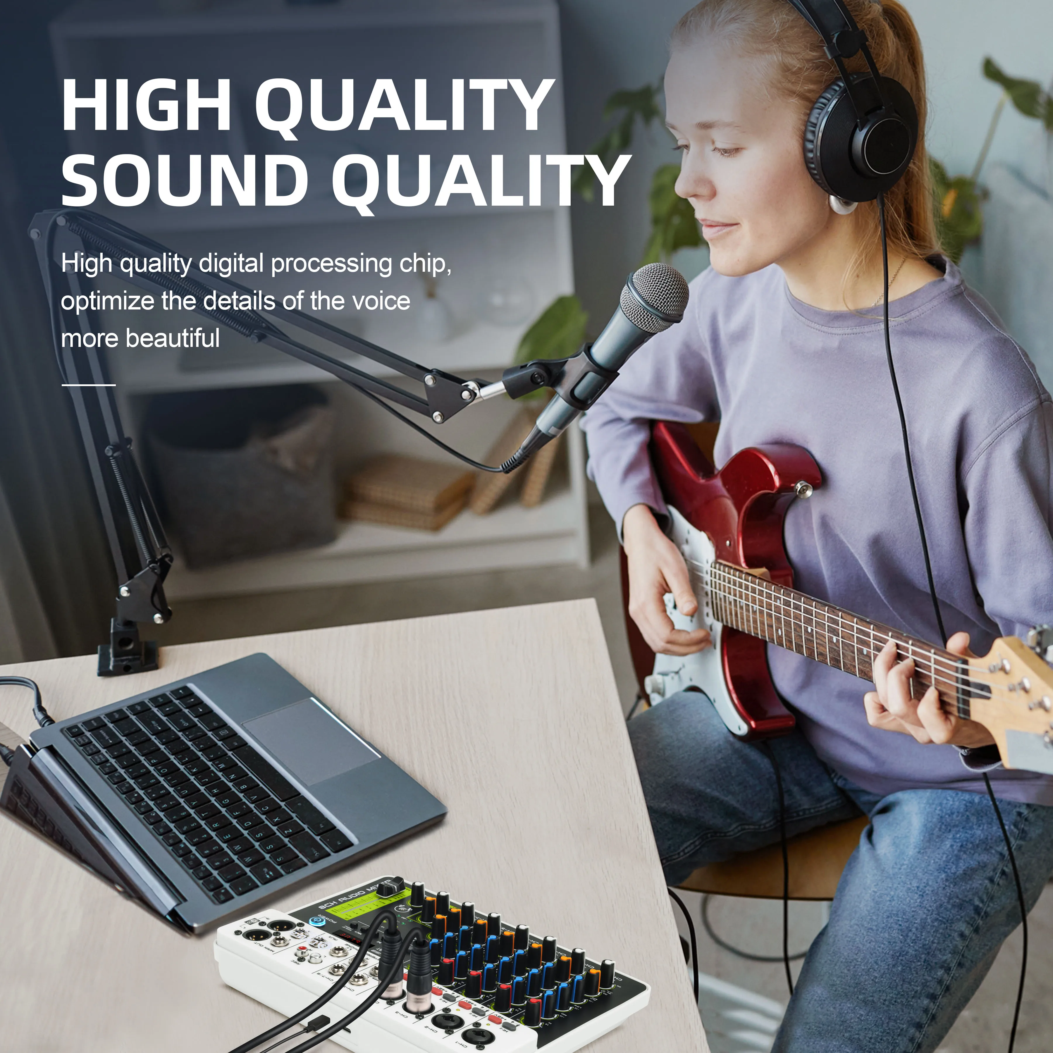 Фото Аудиомикшер Debra V4/V8, DJ-контроллер с Bluetooth, USB, фантомное питание 48 В, 4/8-канальный аудиомикшер для записи караоке, ПК №5
