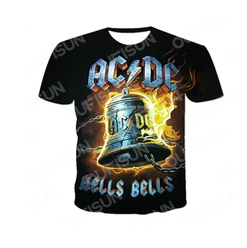 Фото 3D tren cetak AC DC Pop Rock mode jalan pria kasual O leher lengan pendek kaus №2