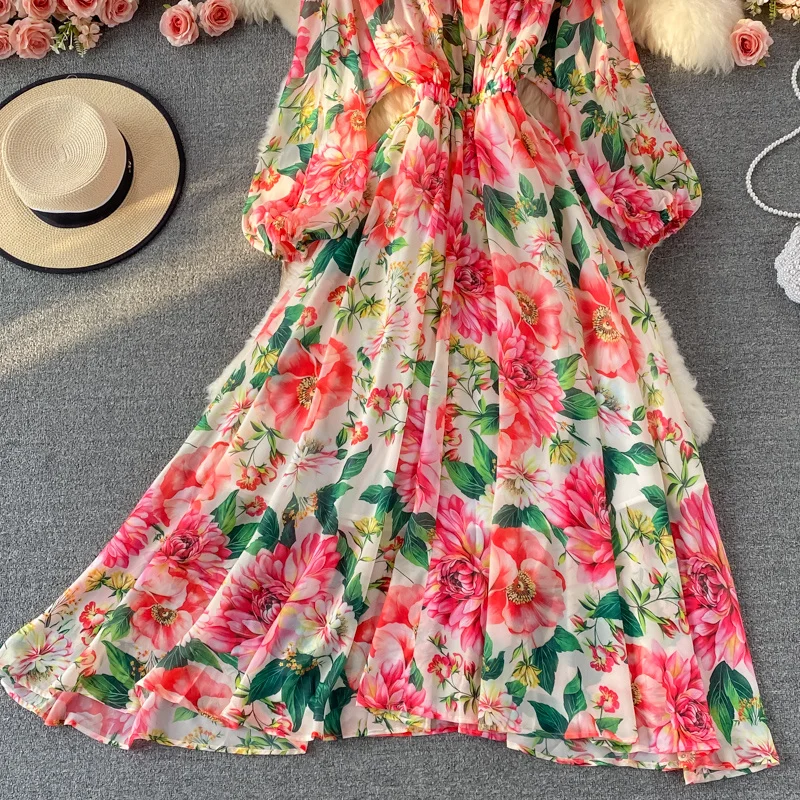 Фото Gaun Liburan Musim Semi Musim Panas Banulin подиумный Gaun Maxi Panjang шифоновые женские богемные Cetak Mawar Lengan Kelelawar Elegan №4