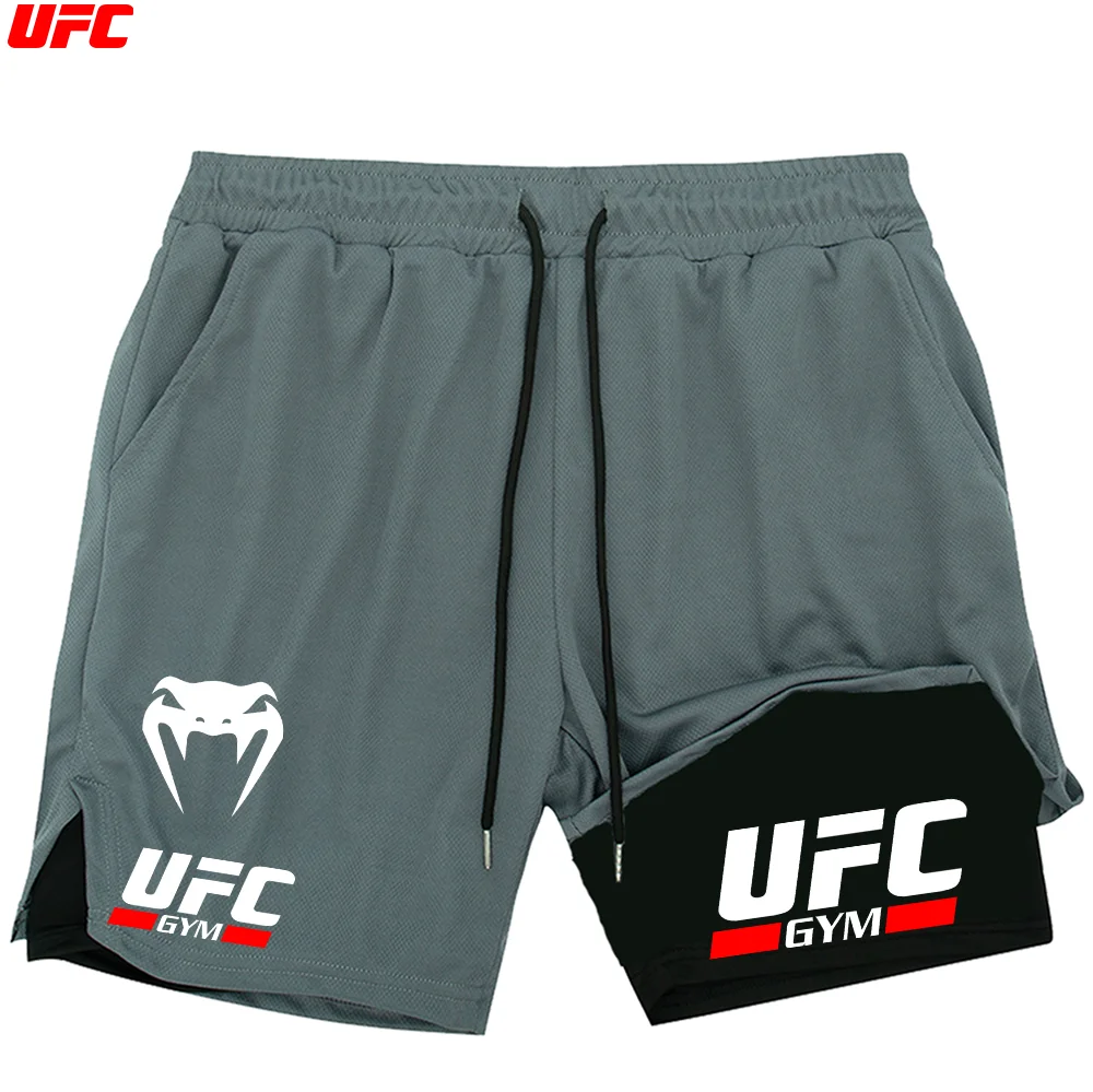 UFC двухэтажные шорты для тренажерного зала, фитнеса, тренировок, шорты для бега, мужская спортивная одежда, компрессионные шорты для бега 2 в 1, мужские шорты Шорты