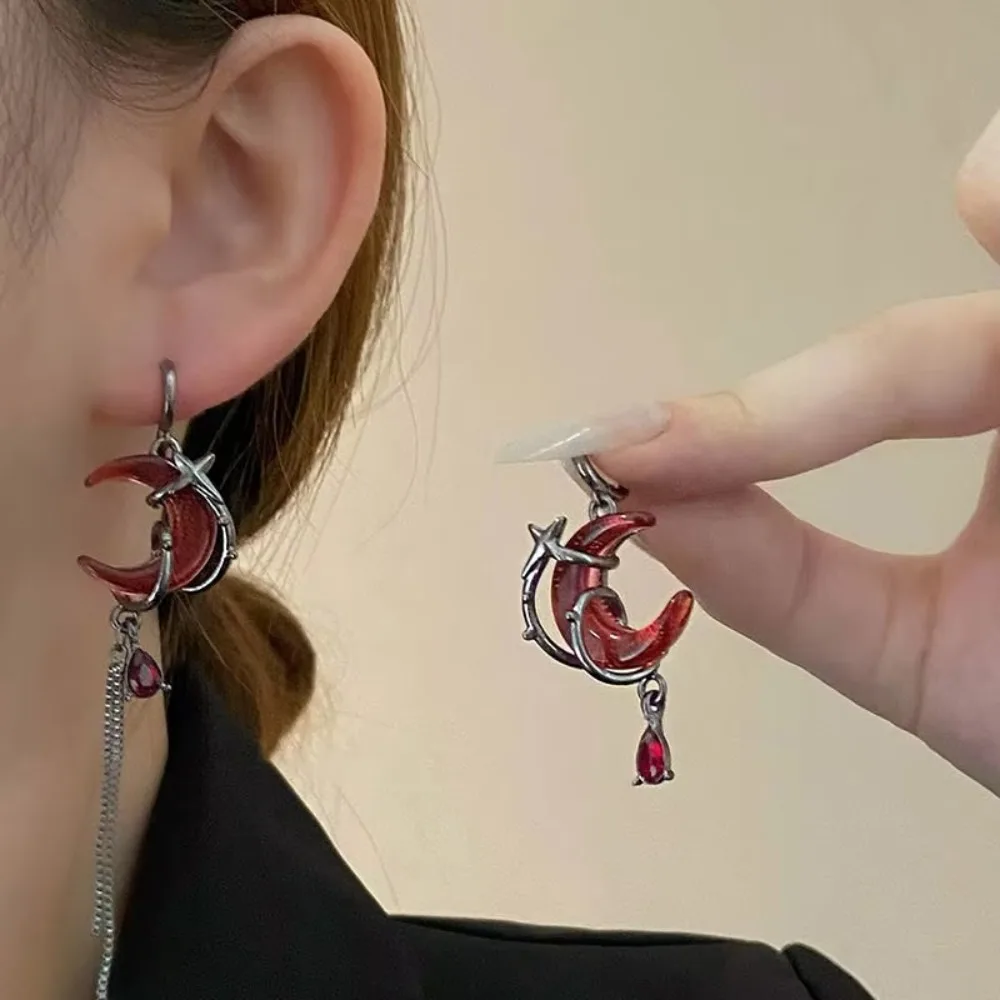 Асимметричные серьги с драгоценными камнями красной луны, индивидуальные хип-поп, готические темные подвески для ушей, кольцо, ожерелье, ювелирный аксессуар