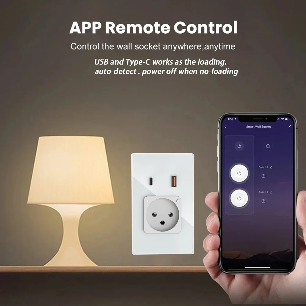 Melery Wi-Fi Smart Israel Настенная розетка USB-разъем Type-C PD 20 Вт Быстрая зарядка Стеклянная панель Пульт дистанционного управления от Alexa Google Home (art.: 3920cc775ba0f) - 3920cc775ba0f