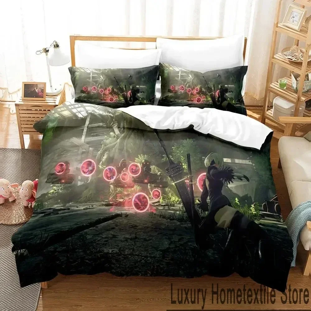 Фото Anime NieR Automata 2B Game Bedding Set Duvet Cover Bed Set Quilt Cover Pillowcase Comforter king Queen Size Boys Adult №2