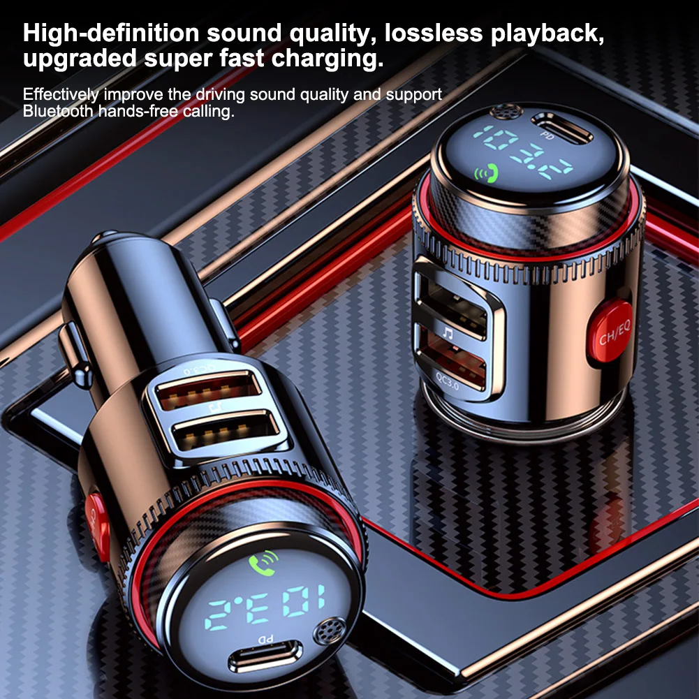 Фото Автомобильный Bluetooth-адаптер, беспроводной FM-передатчик, USB C & QC3.0, двойная быстрая зарядка, прикуриватель, радио-музыка, поддержка громкой связи №2