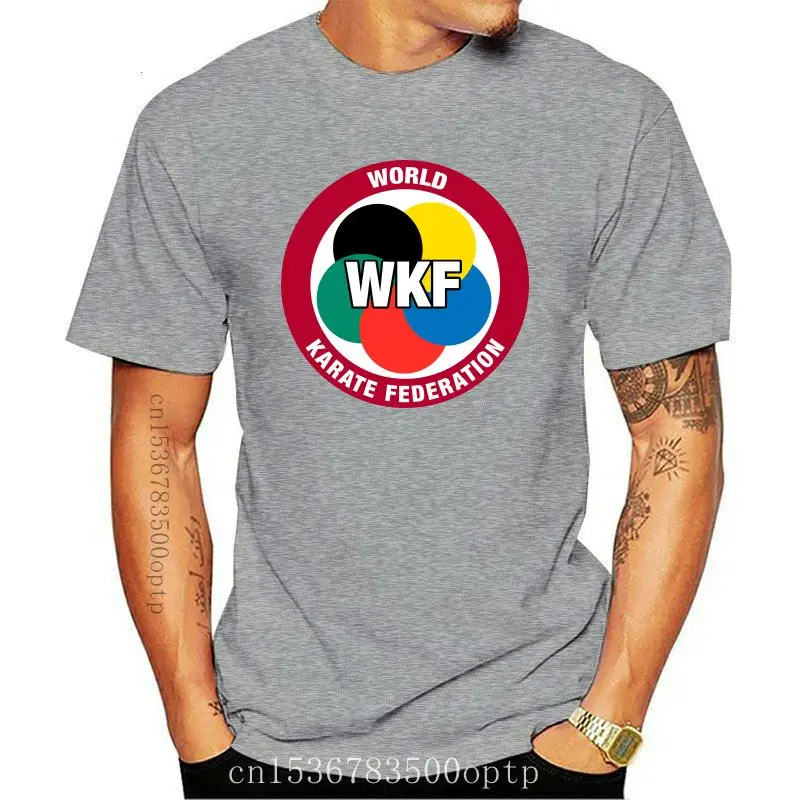 Фото Мужская одежда Wkf, белая мужская футболка с логотипом ФК «Мир каратэ», размер S M L Xl 2xl 3xl, черные Молодежные деловые футболки №1