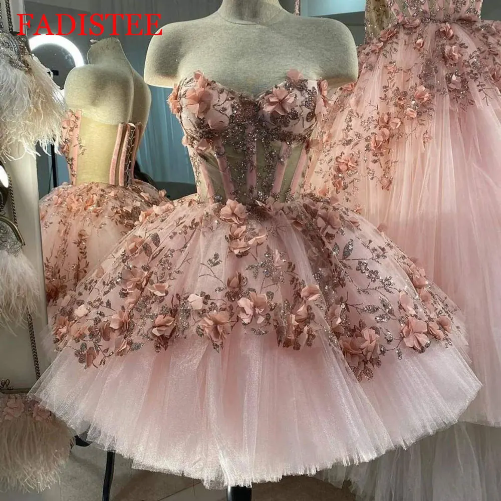 Блестящие 3D цветы платье бальное платье короткие платья Quinceanera милое вечернее платье кружевной корсет