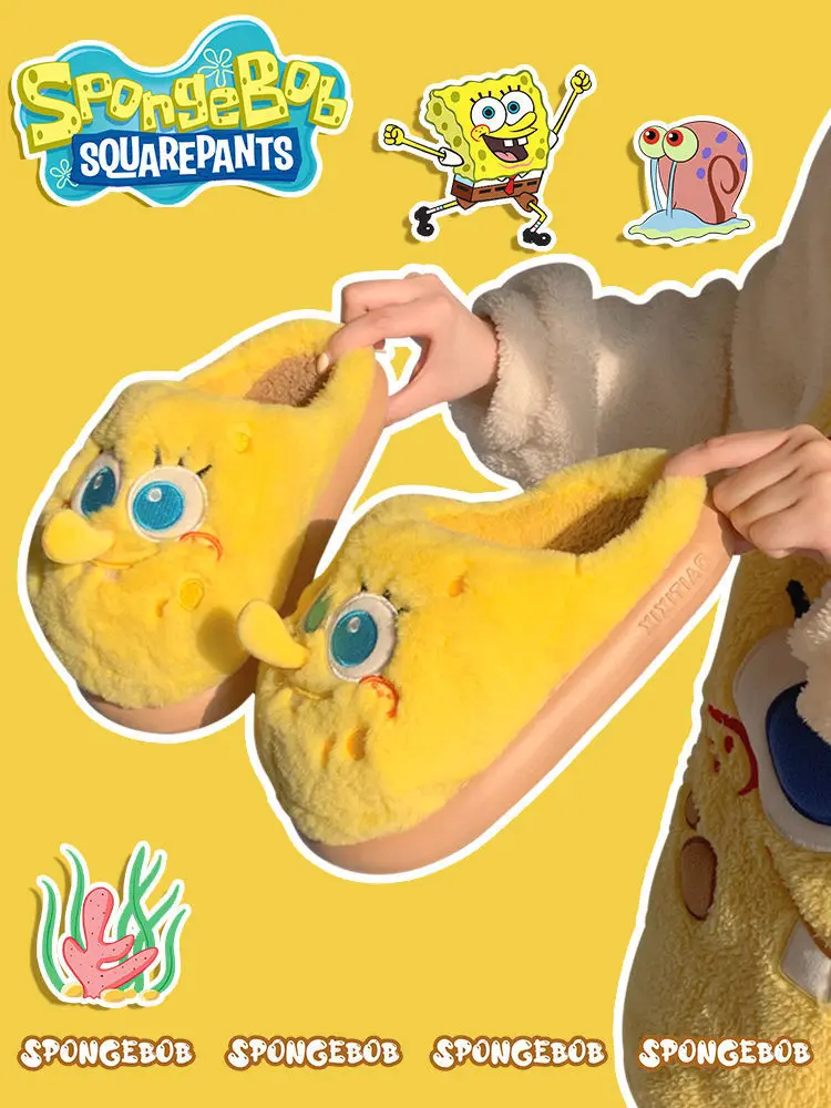 Фото Kawaii Губка Боб Квадратные Штаны Хлопковые тапочки Пара Зимняя хлопковая обувь Теплые домашние удобные тапочки на мягкой подошве с милыми героями мультфильмов №5