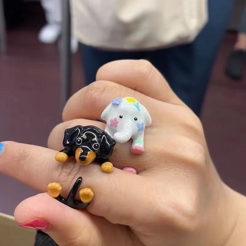 Trendy Female Ins Niche Design Childlike Cute Dachshund Cartoon Elephant Ladies Ring Wholesale