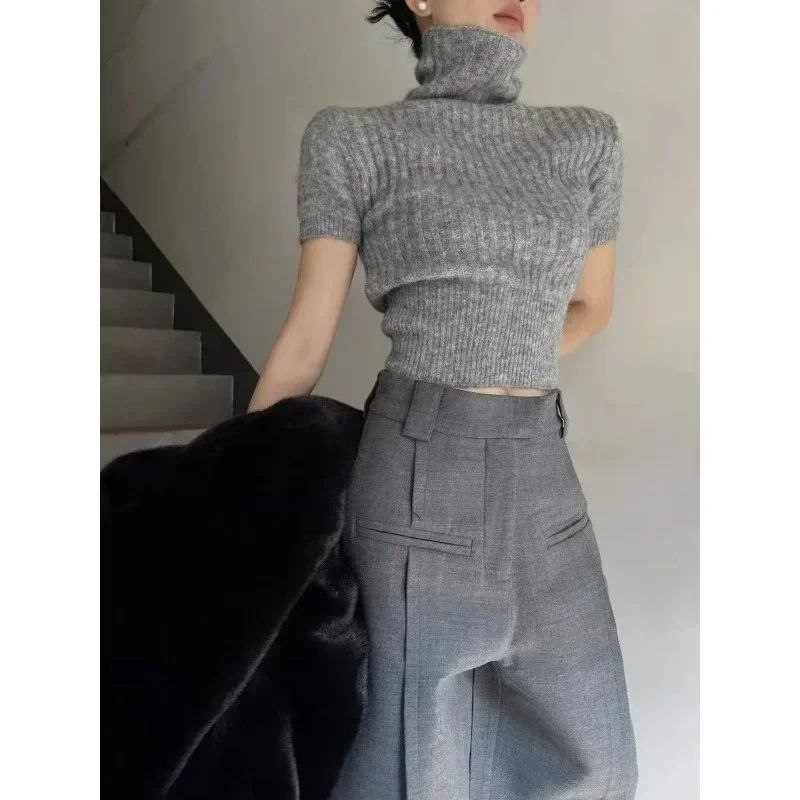 Серый Ropa Mujer, вязаные укороченные пуловеры, женская водолазка, туника с короткими рукавами, джемпер, модный повседневный свитер Y2k, топ