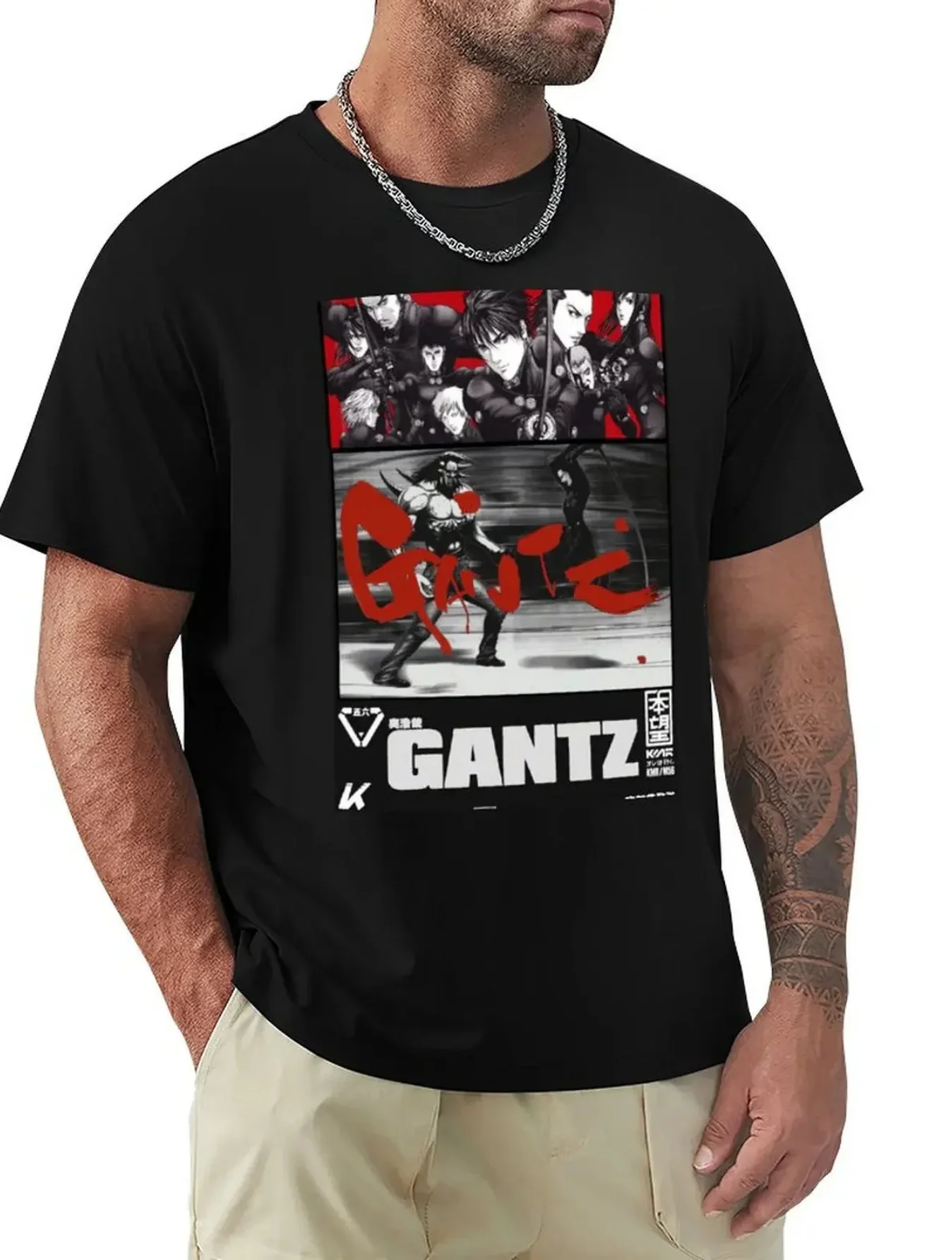 GANTZ,  концепンツ, футболка ANIME BLACK, WHITE and RED, новое издание для мальчиков, заготовки с животным принтом, черные мужские однотонные футболки