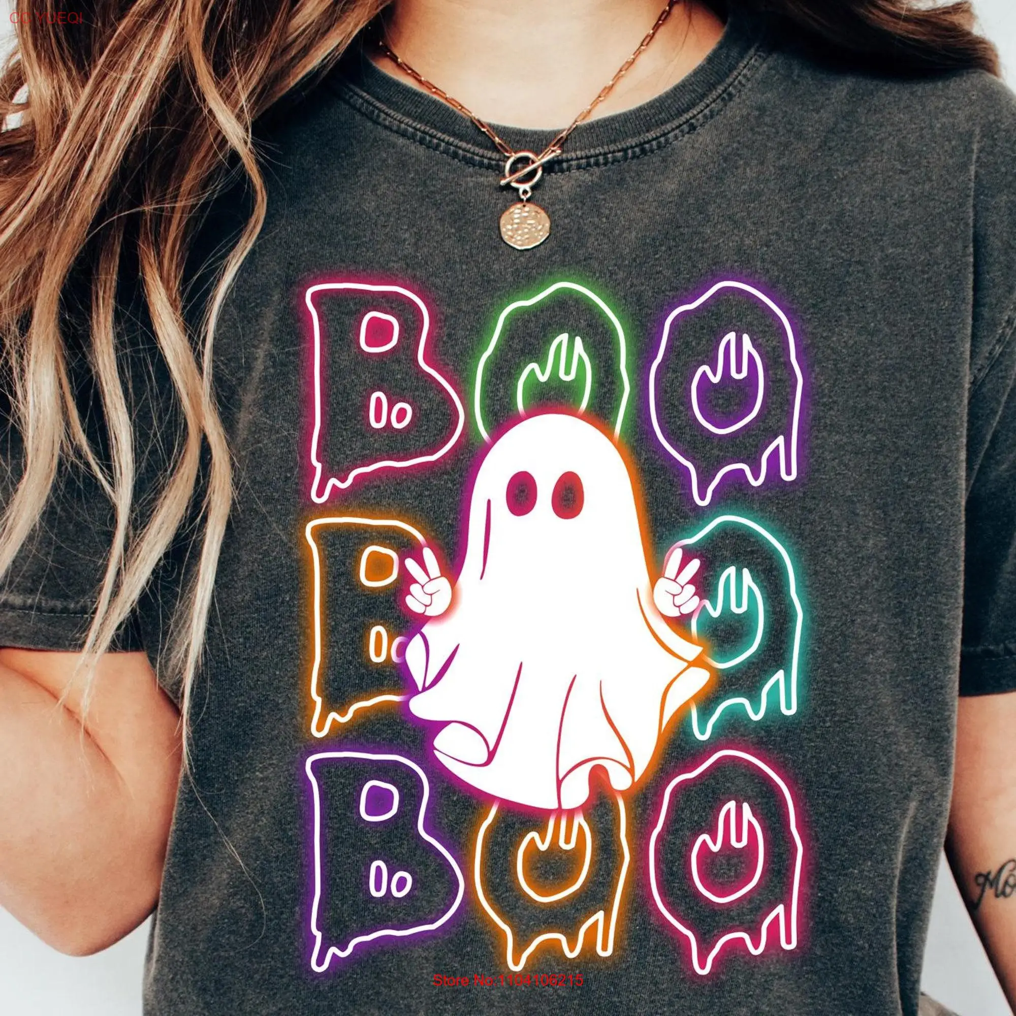Футболка с длинным или коротким рукавом для Хэллоуина Boo Neon