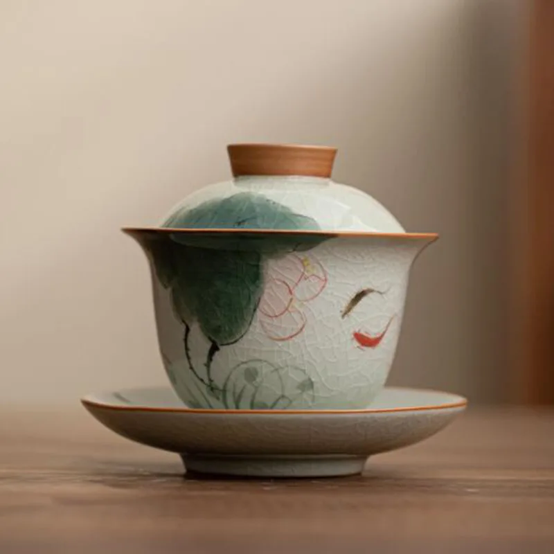 Фарфоровый набор чайных чашек Koi FIsh с узором Sancai Gaiwan, чайная чашка кунг-фу, чаша для заварки, кухонная чайная посуда, аксессуары для питья