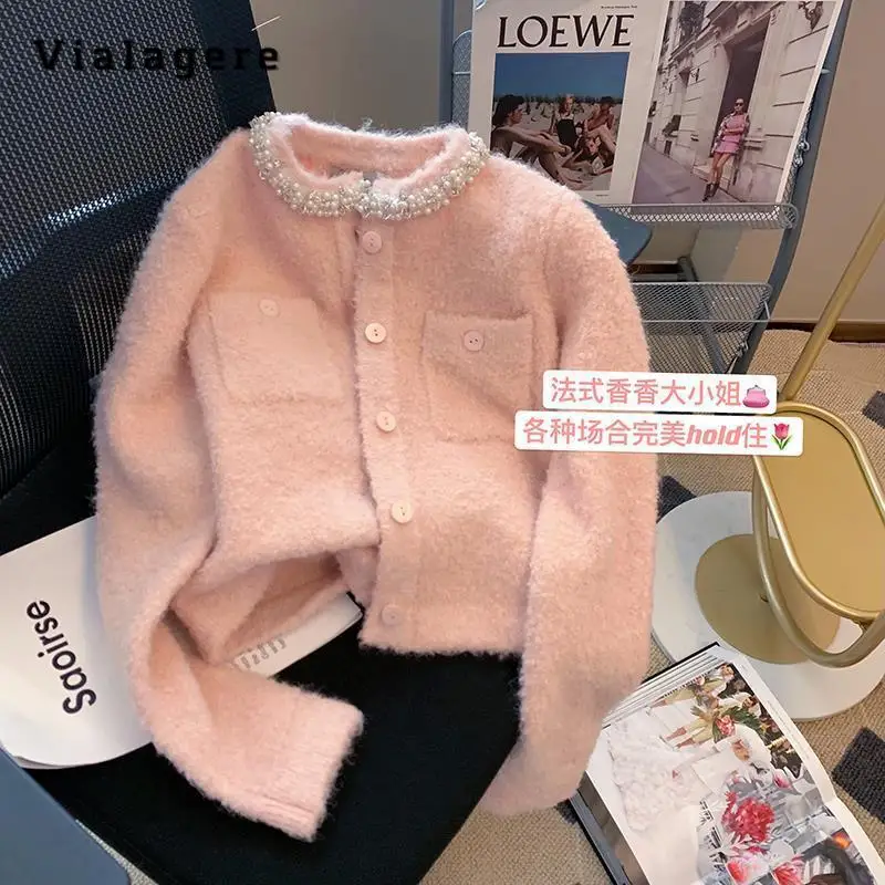 Женский кардиган с длинным рукавом, повседневный однобортный Кардиган с круглым вырезом, украшенный бисером, зима 2023