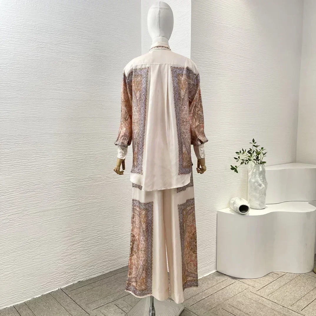 Фото Paisley Twill Silk Re-tro Лето Осень Женская последняя новая блузка с длинными рукавами и широкие брюки Свободный праздничный комплект №3