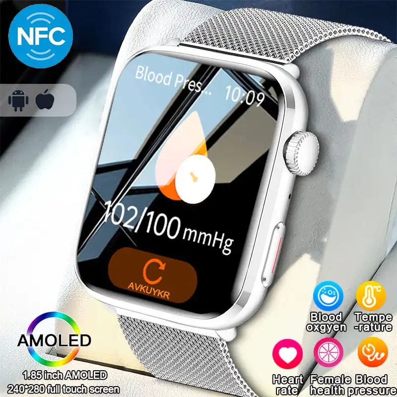 Смарт-часы с диагностикой AI NFC для женщин, 1,85 дюйма, AMOLED, кровяное давление, частота сердечных сокращений, температура BT-вызов, умные часы для мужчин для IOS Умная электроника