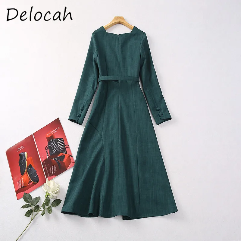 Фото Delocah Fashion Design Women's Square Neck Side Button Buckle Decoration Long Sleeve Belt Slim fit Big Swing Green Dress №3