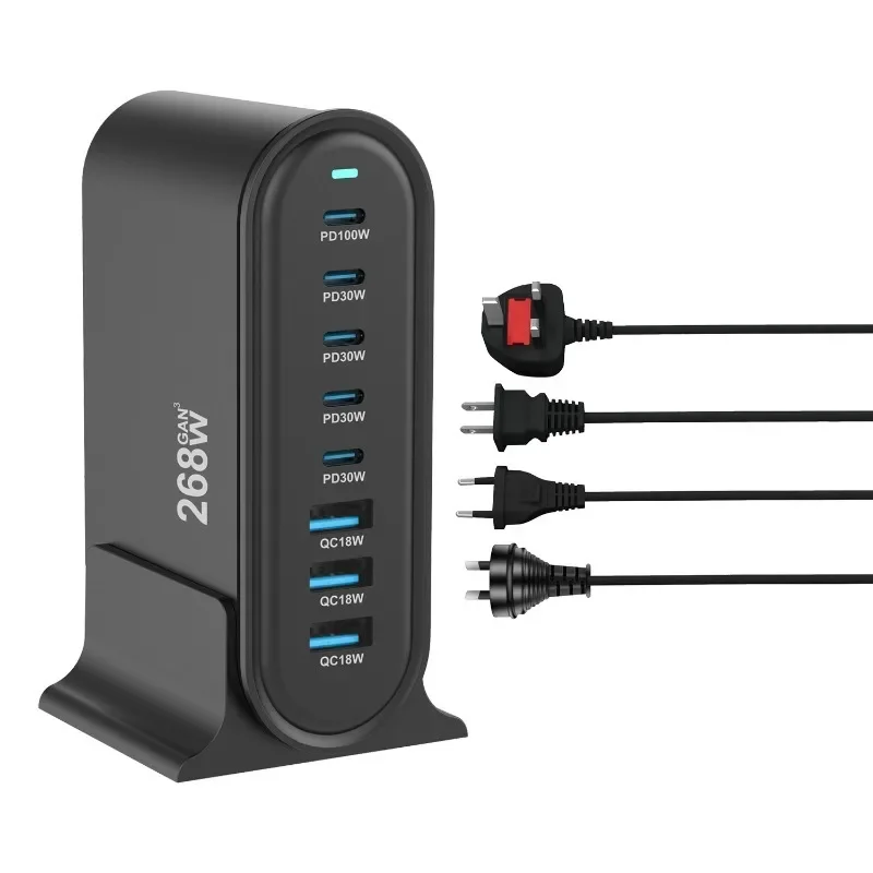 268 Вт GaN Fast Charge 3.0 USB Type C Быстрое зарядное устройство Мобильное 8-портовое зарядное устройство USB Type C PD Удобное для переноски зарядное устройство для планшета