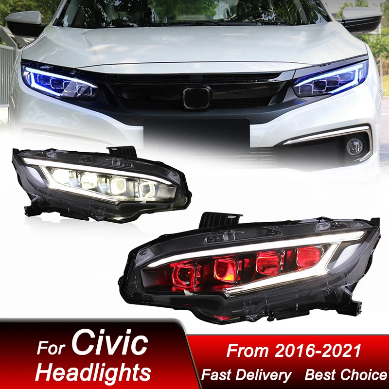 Поп-автомобильные фары для Honda Civic 10Gen 2016-2021 Demon Eye Tyle, полностью светодиодные фары в сборе, обновленные аксессуары для линз проектора