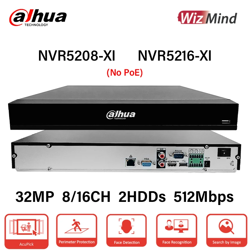Оригинальный сетевой видеорегистратор Dahua WizMind NVR5208-XI NVR5216-XI 2 жестких диска с распознаванием лиц AcuPick Max,512 Мбит/с сетевой видеорегистратор до 32 МП