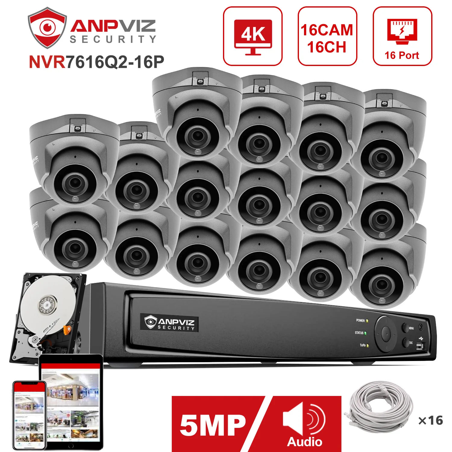 Мини-IP-камера Anpviz, 5 Мп, 16 каналов, 4K, NVR