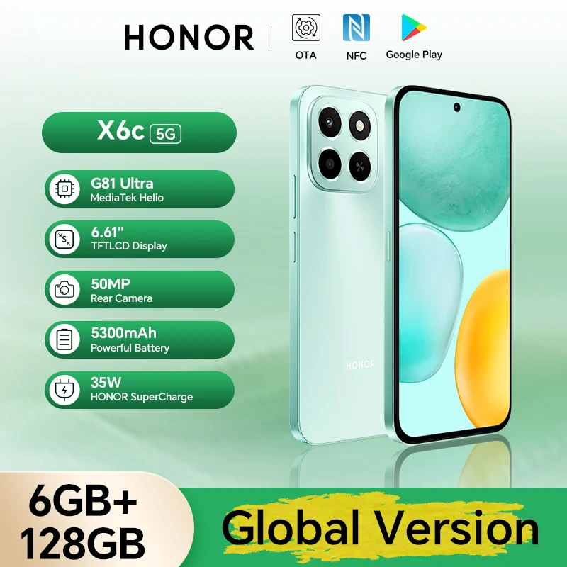 Новый смартфон Honor X6c, глобальная версия, 6,61 дюйма, 120 Гц, TFTLCD-экран, 50 МП, 5300 мАч, 35 Вт, суперзарядка, водонепроницаемый телефон с защитой от падения