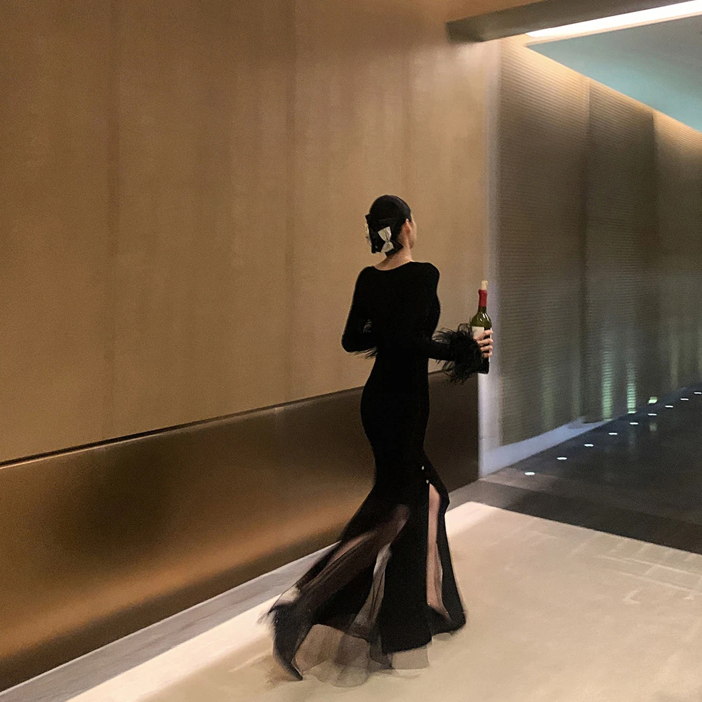 Фото TWOTWINSTYLE однотонное лоскутное длинное платье с перьями для женщин с круглым вырезом и длинным рукавом с высокой талией, соблазнительное платье, женское новое №5