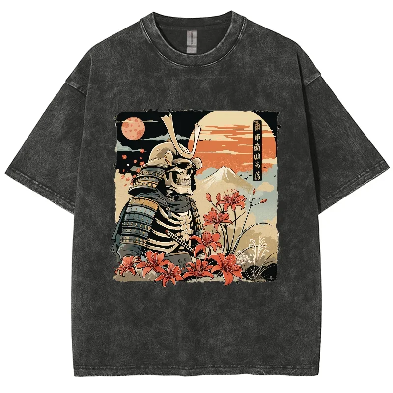 Рубашка Samurai Skeleton Ukiyoe, стираная футболка в стиле хип-хоп Y2K, уличная одежда большого размера, винтажные потертые футболки для серфинга для мужчин, женский топ