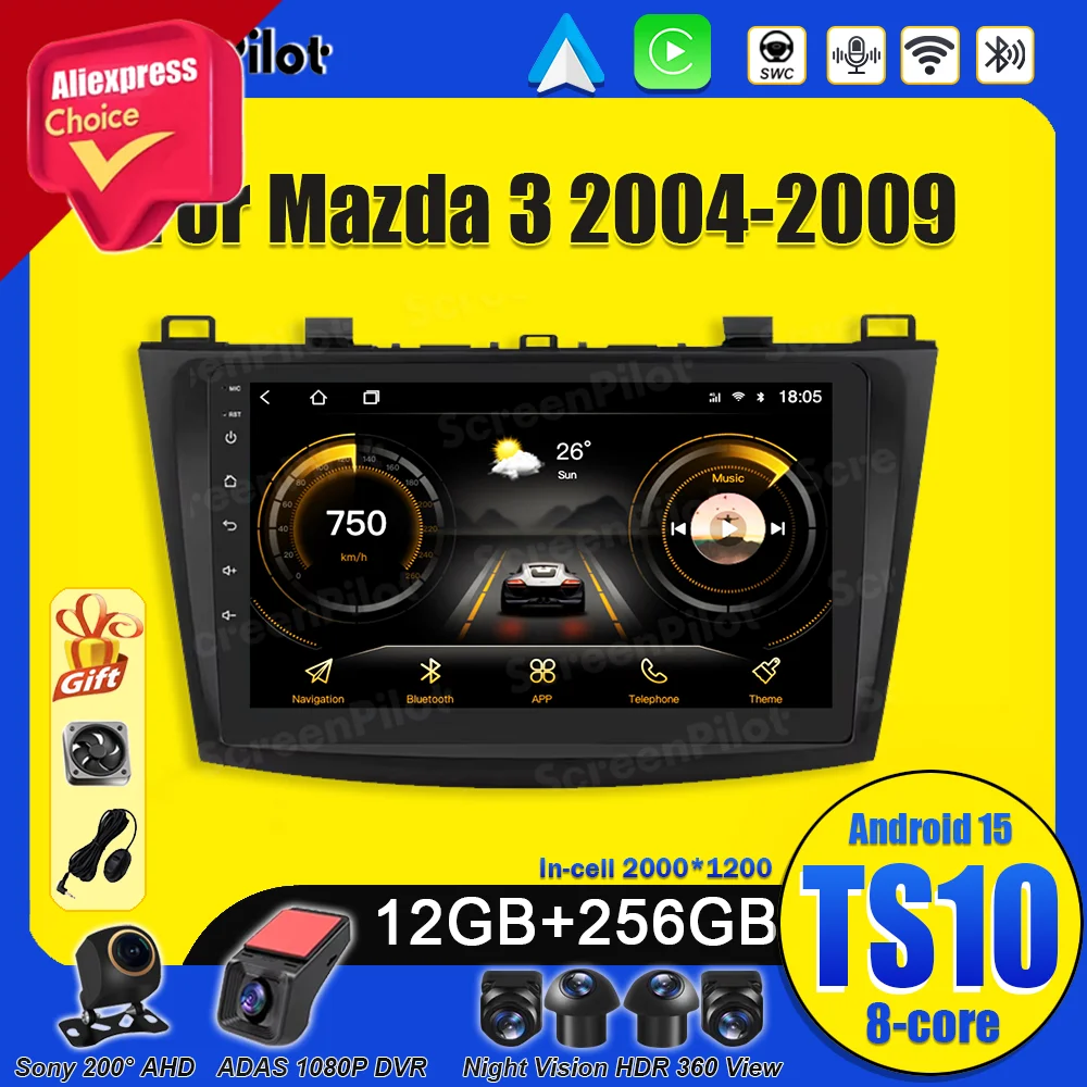 Android 15 для Mazda 3 2010-2013 Автомобильный радиоприемник Мультимедийный видеоплеер Android Auto GPS-навигация Беспроводной Android Auto Wi-Fi 5G