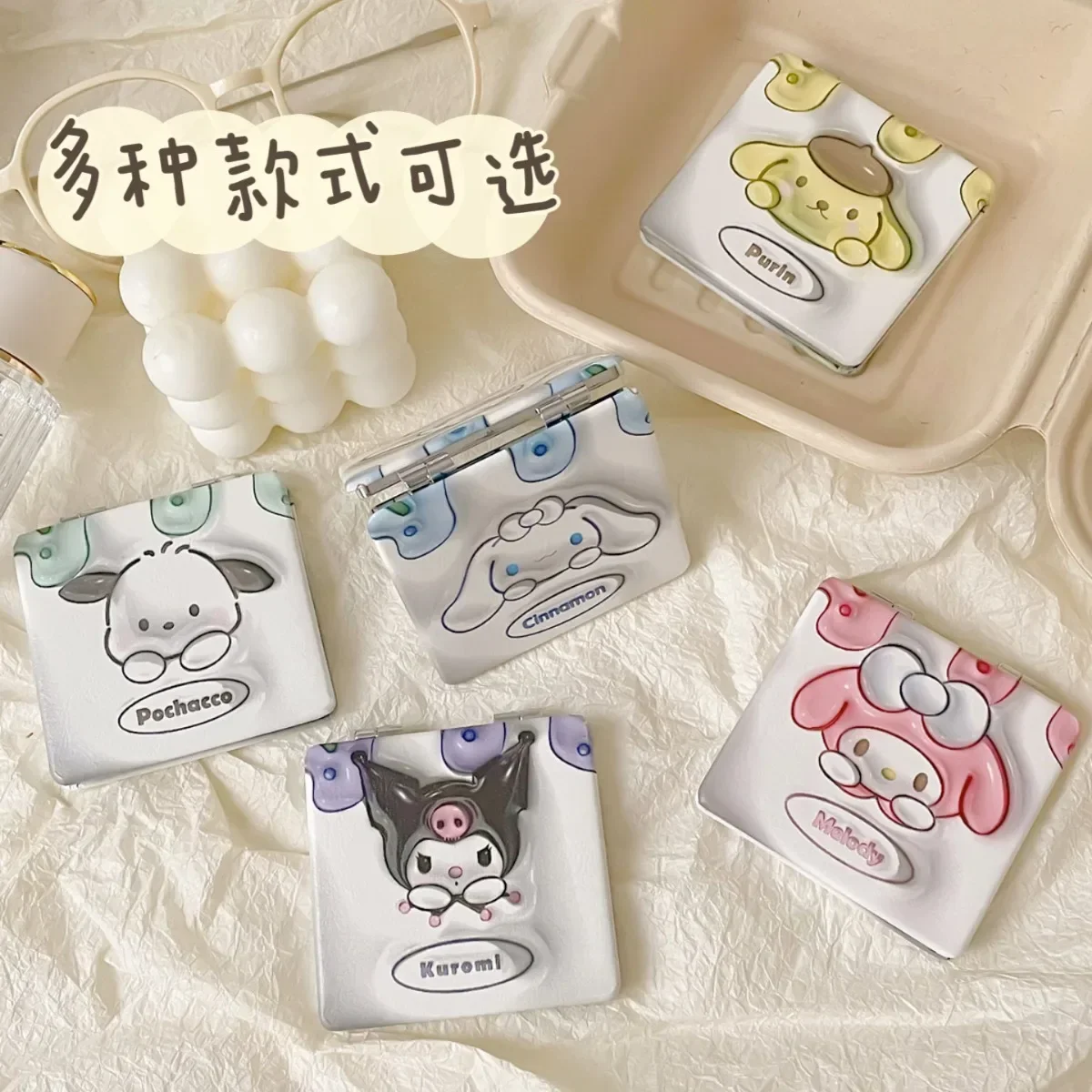 Фото Sanrio New Kuromi портативное маленькое зеркало Kawaii портативное зеркало для макияжа студенческое двухстороннее складное зеркало для макияжа подарок оптовая продажа №4