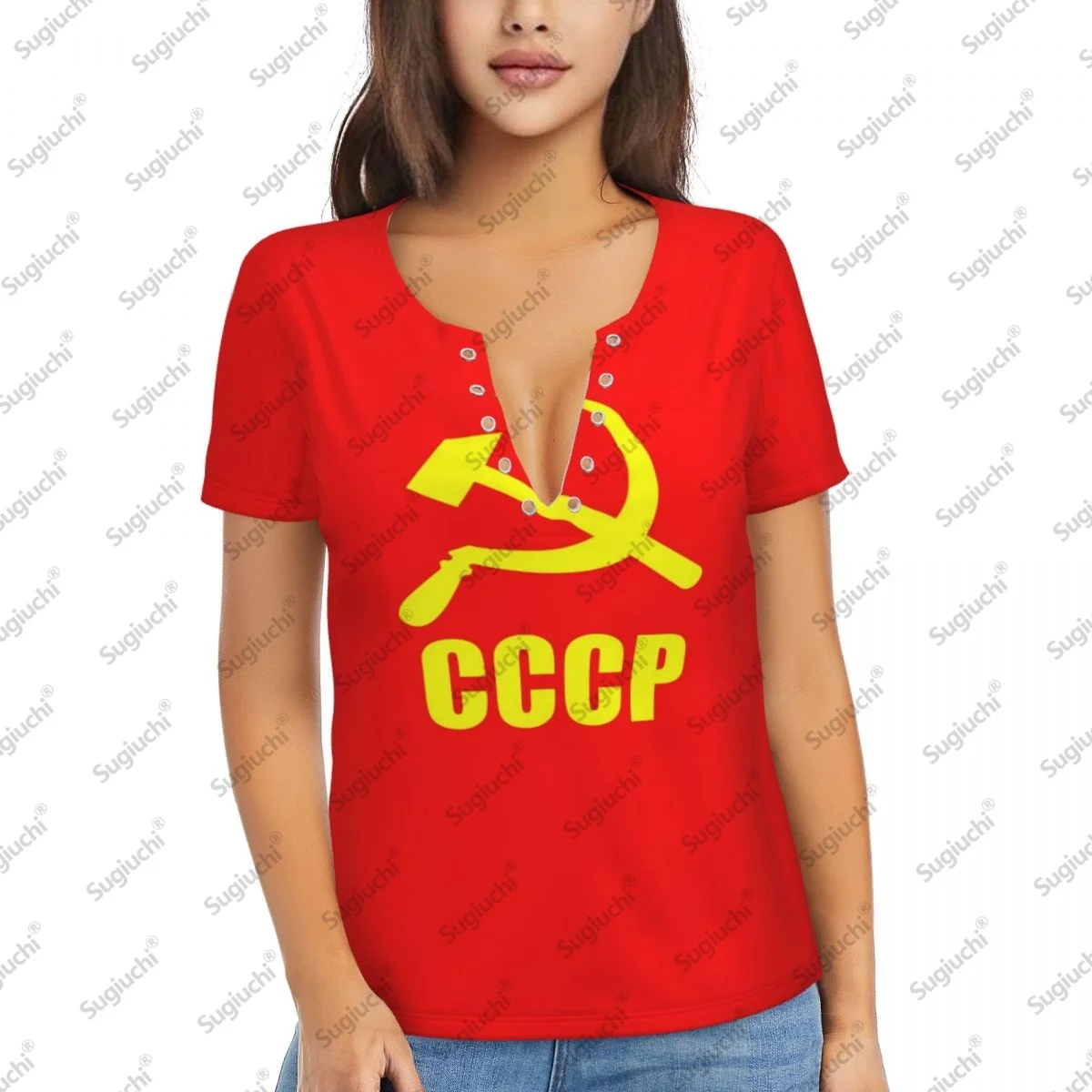 2025 CCCP СССР Флаг Сексуальные женские футболки с глубоким v-образным вырезом и 3D короткими рукавами Модные футболки Женская одежда Топы Повседневная блузка для девочек Футболки