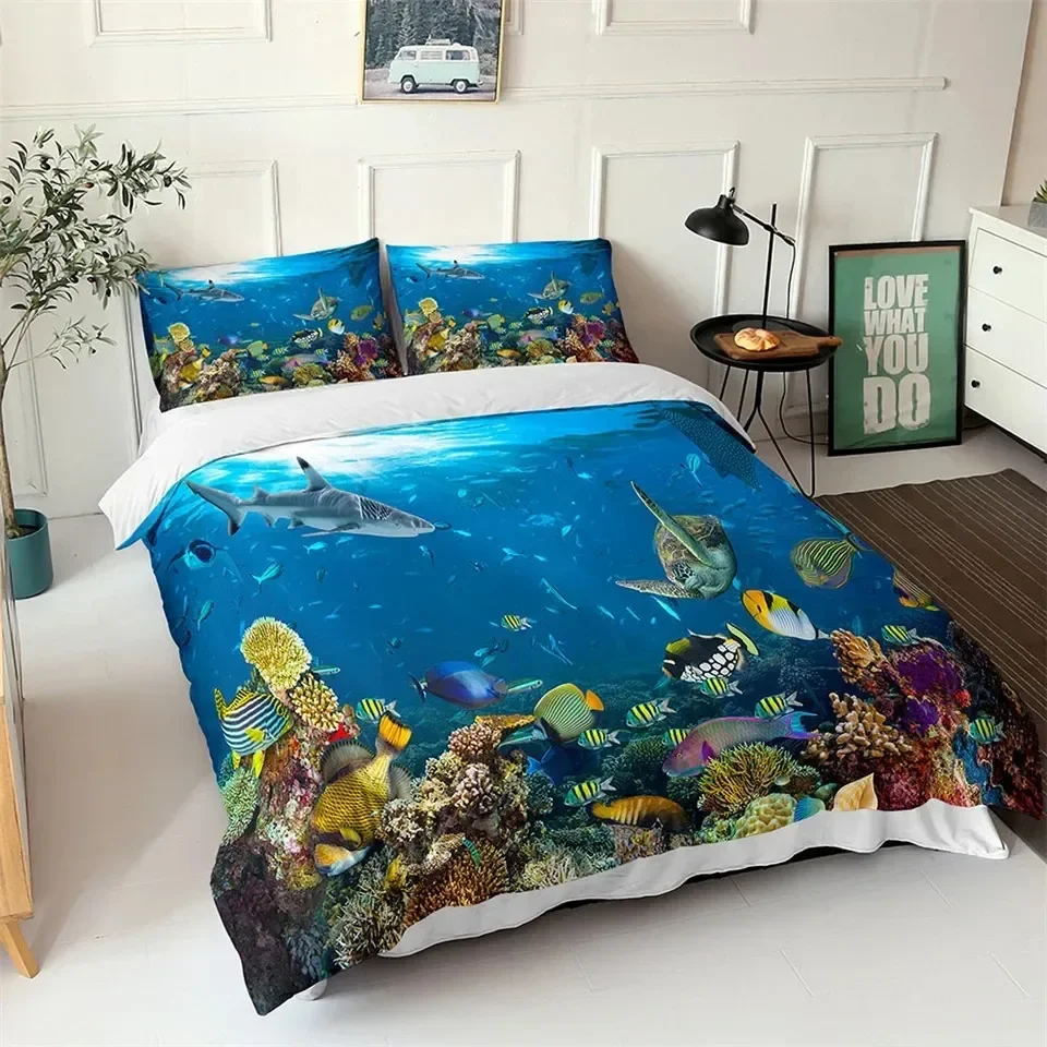 Фото Комплект пододеяльников Ocean Blue Sea Fish с 3D принтом детского постельного белья Queen King Nordic Ocean Landscape Мягкое полиэстеровое одеяло №3