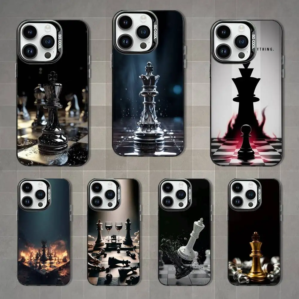 Чехол для телефона Chess Board Art Pieces для iPhone 16,15,14,13,12,11, Mini, Pro, MAX, черный матовый противоударный чехол