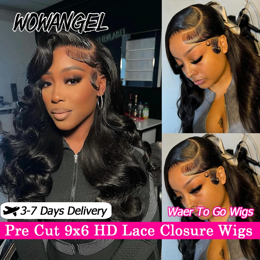 WowAngel 250% Pre Cut Ultra Fitted 9x6 HD Lace Closure Бесклеевые парики Готовые к ношению парики из человеческих волос Объемная волна Парики из волос Remy